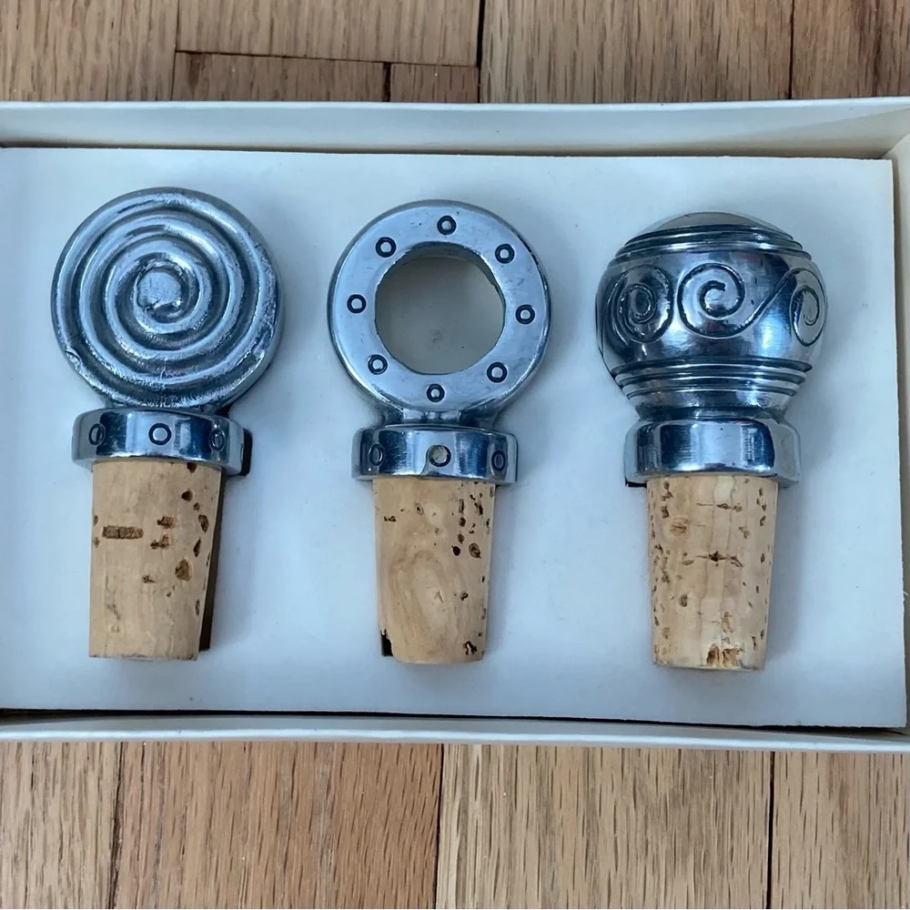 NWT Pier 1 Aluminum and Cork Boxed Bottle Stopper Set of 3